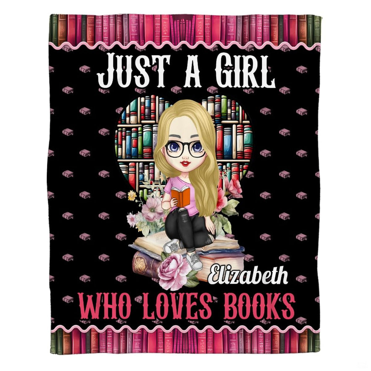Cute bookworm girl throw blanket view 2 highlighting cartoon reader, heart bookcase, and floral roses