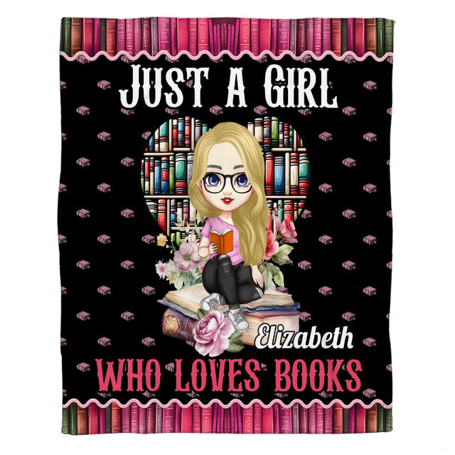 Cute bookworm girl throw blanket view 2 highlighting cartoon reader, heart bookcase, and floral roses