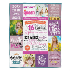 Colorful 16th birthday photo collage throw blanket draped across living room sofa