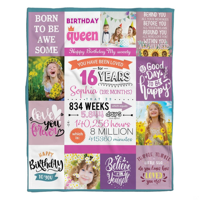 Colorful 16th birthday photo collage throw blanket draped across living room sofa