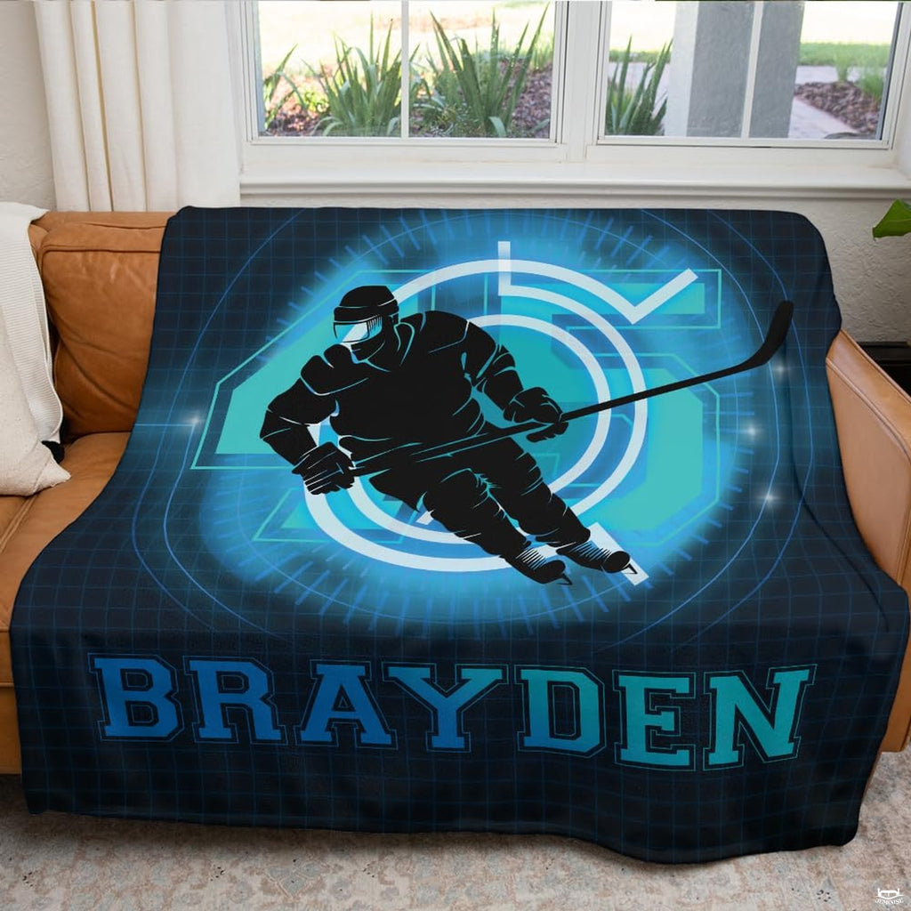 Close up shot showing fine graphic details and white underside of ice hockey skater blanket.