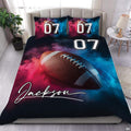 Sports bedding set featuring a dynamic football surrounded by neon magenta and cyan smoke