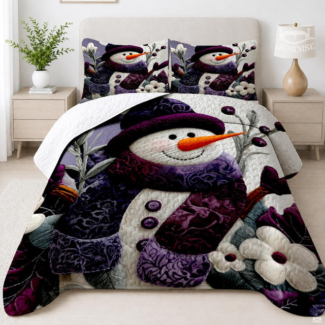 Purple winter bedding featuring a whimsical snowman wearing a knit scarf and hat with winter blossoms
