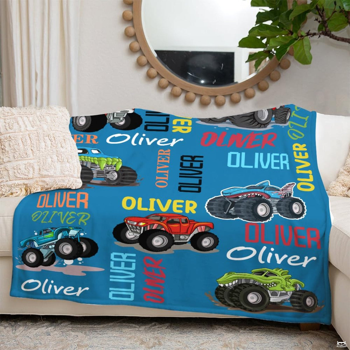 Full spread presentation of monster trucks throw blanket showcasing high-octane cartoon racing art
