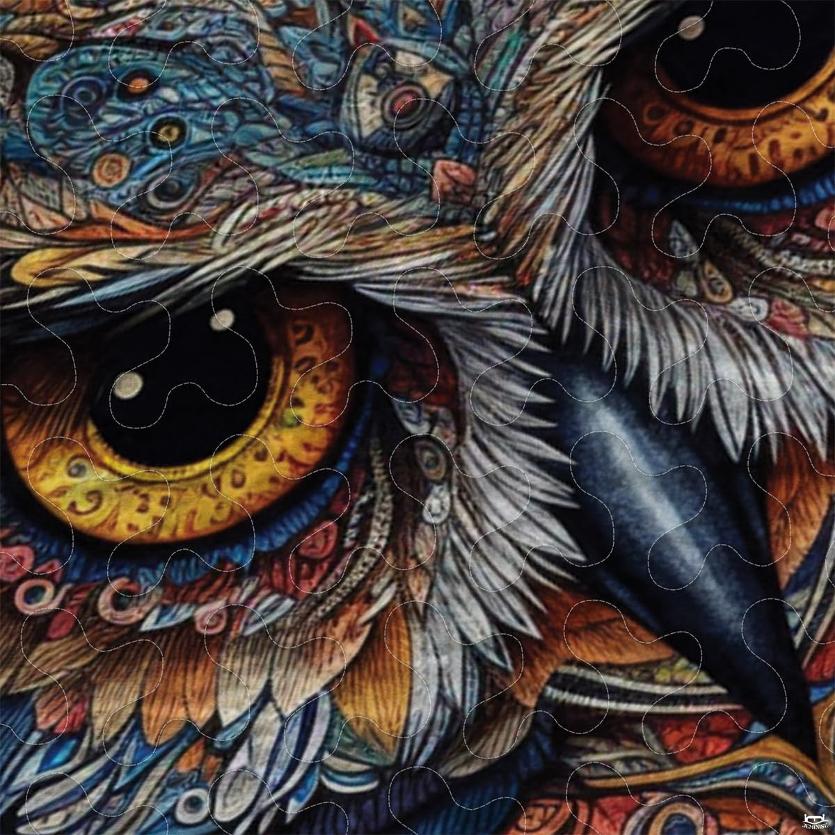 Close-up view of owl bedding highlighting detailed silver plumage, sharp beak, and glowing nocturnal eyes