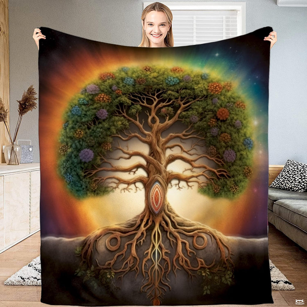 Cosmic Tree of Life rainbow throw blanket displaying luminous aura and mystical trunk portal