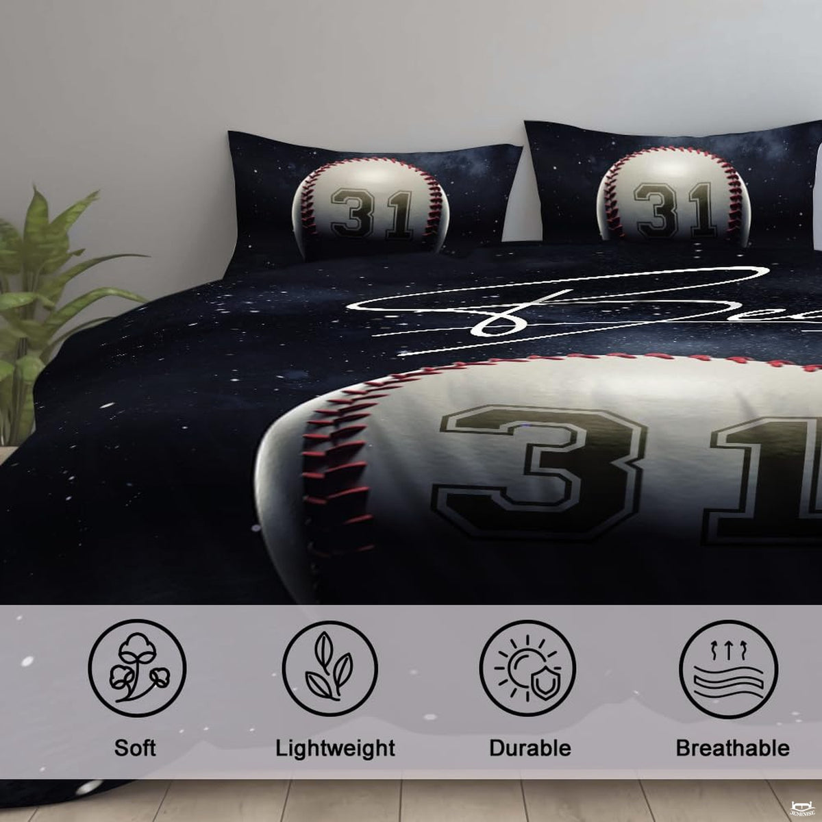 Angle view of athletic bedding illustrating midnight black contrasts and silver white gradients