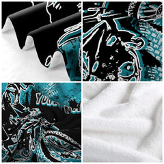 Distressed track accents and teal rider silhouette details on bedding display.