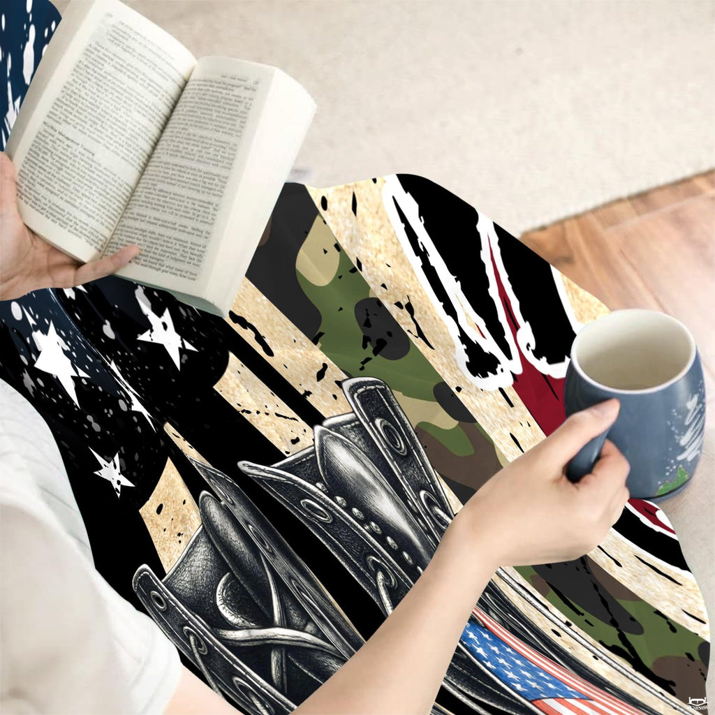 Bedroom lifestyle setting showcasing the veteran tribute throw blanket styled on a bed.