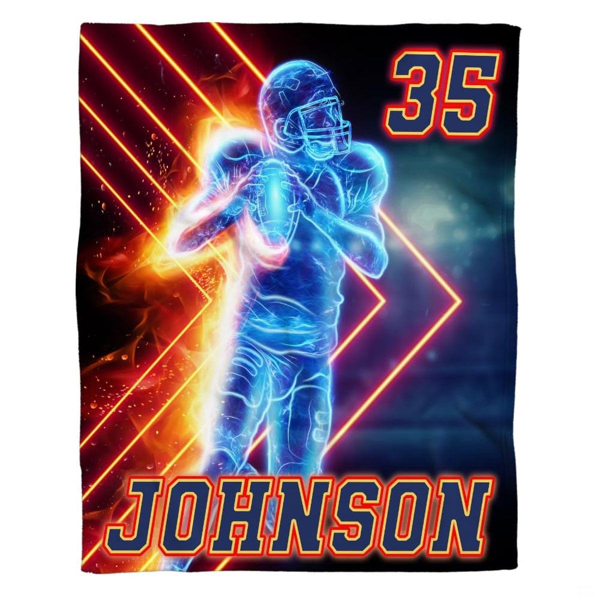 Electric neon blue football player with fiery chevron laser lines and varsity lettering, view 2.