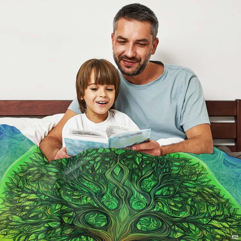 Close-up perspective of glowing fluorescent roots and emerald leaves on psychedelic throw blanket