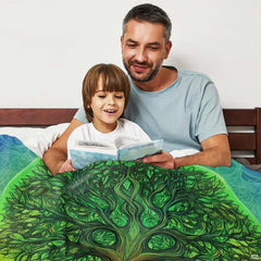 Close-up perspective of glowing fluorescent roots and emerald leaves on psychedelic throw blanket