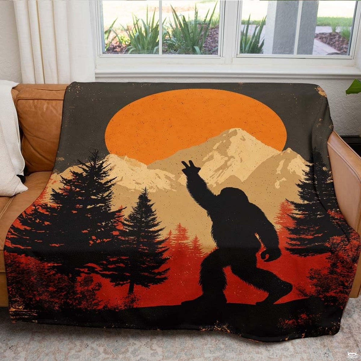Detailed view of evergreen pine silhouettes, mountain ridges, and finished edges.