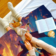 Fiery sunset sky soaring dragon fantasy blanket showing winged beast and glowing clouds view 3
