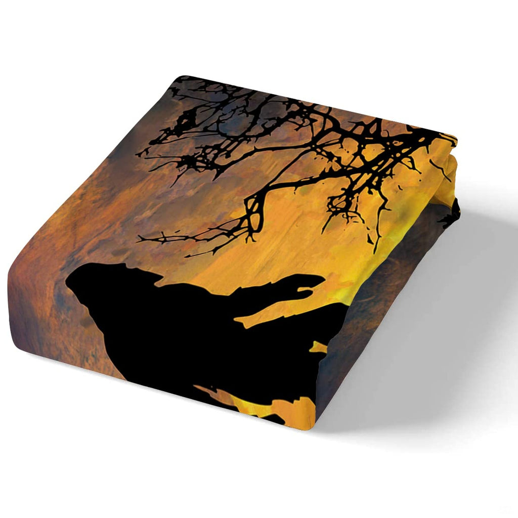Corner fold view of sunset bedding highlighting sharp amber and black graphic printing