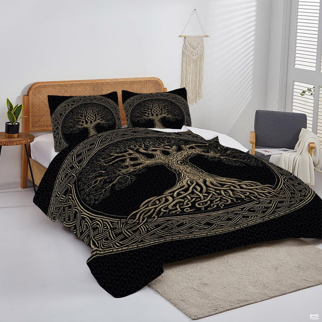 Overhead view of antique gold Celtic tree bedding arranged across a modern wooden bedroom bed setup