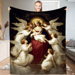 Renaissance Virgin Mary holding infant Christ with golden halos and winged angels.