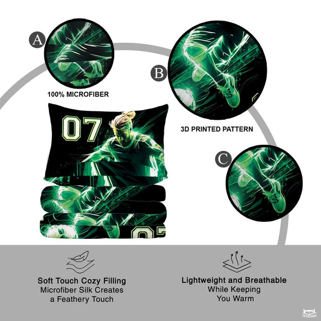 Custom Neon Green Soccer Player Artwork Comforter Set, Boys Room Decor