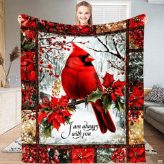 Winter cardinal bedding set featuring a vibrant red bird on snowy branches with festive poinsettia borders.