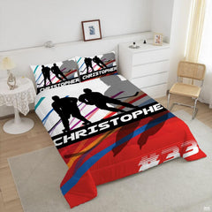 Close-up perspective of ice hockey bedding showing detailed player silhouettes and sharp graphic lines