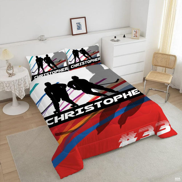 Close-up perspective of ice hockey bedding showing detailed player silhouettes and sharp graphic lines