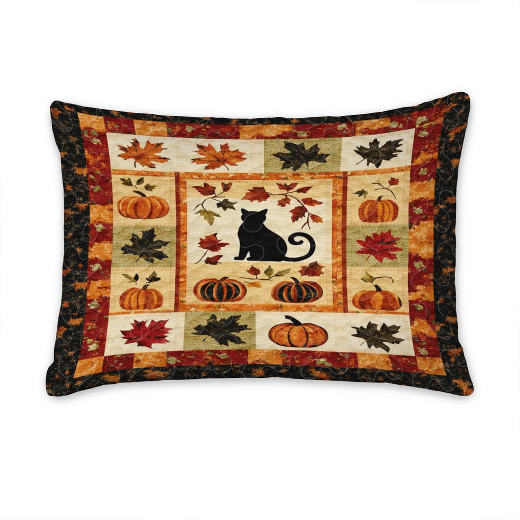 Matching pillow sham detail for autumn bedding set displaying coordinated cat silhouette and harvest border