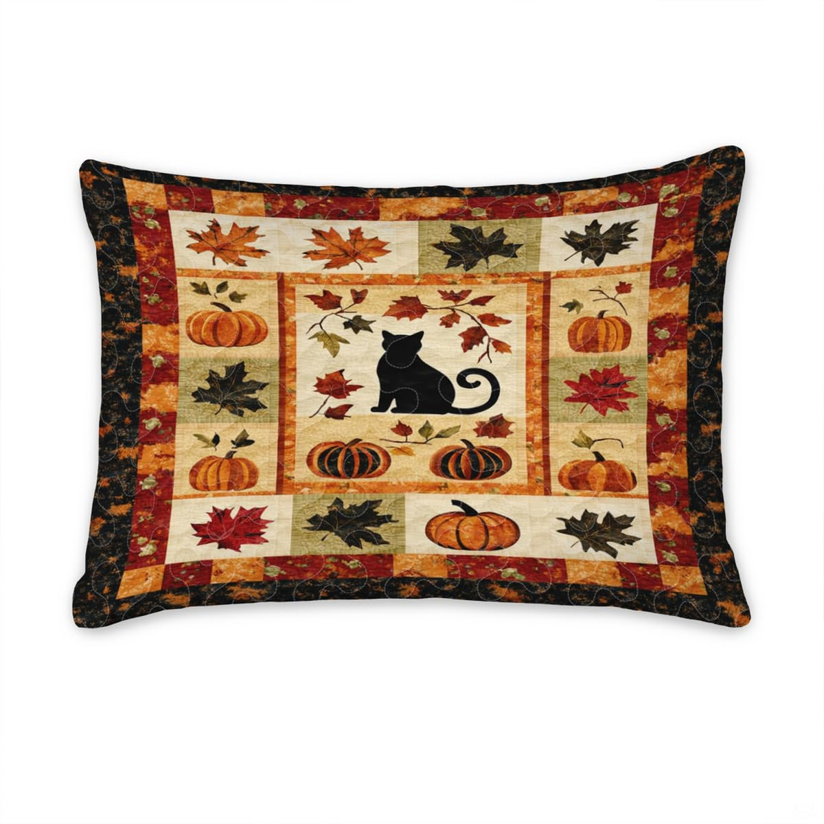 Matching pillow sham detail for autumn bedding set displaying coordinated cat silhouette and harvest border