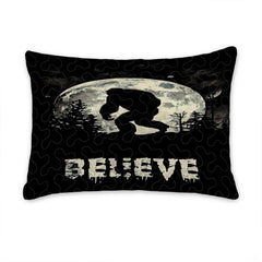 Matching pillow shams displaying a creature silhouette and full moon on a monochrome bedding set