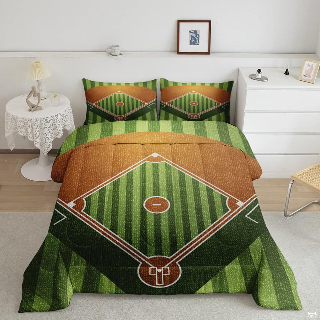 Olive green and amber baseball helmet sports bedding set displayed neatly on a bed in a modern youth bedroom