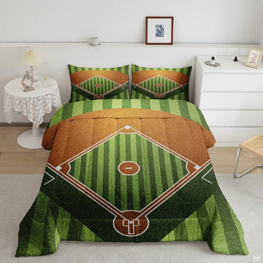 Olive green and amber baseball helmet sports bedding set displayed neatly on a bed in a modern youth bedroom