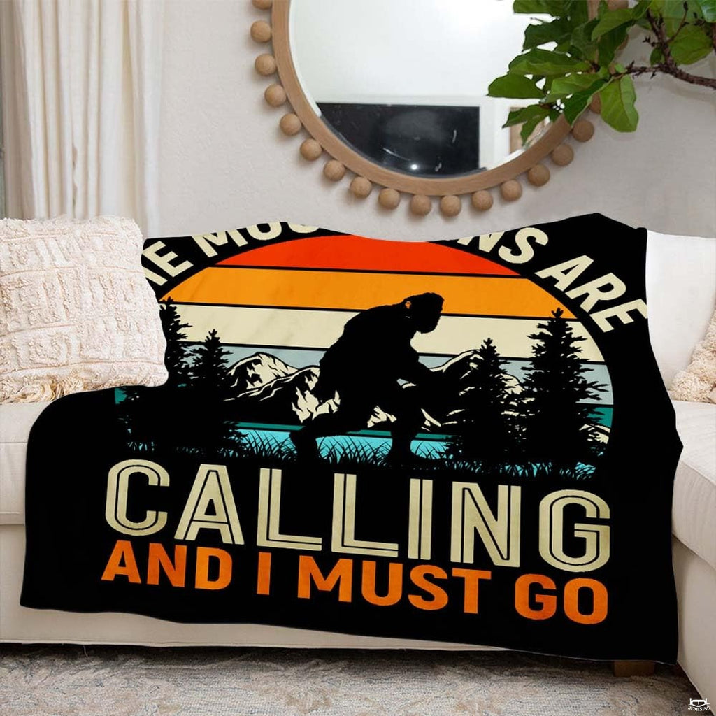 Retro sunset mountain badge with Bigfoot silhouette and mountains are calling quote, view 4.