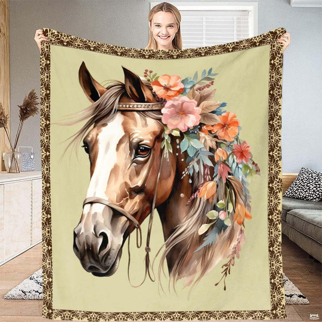 Floral crown horse portrait throw blanket showing watercolor horse with blossom crown