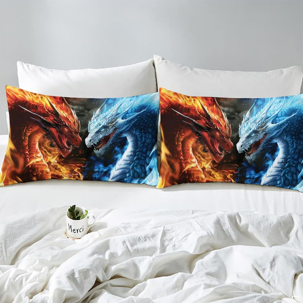 Matching pillowcase detail for fantasy bedding set featuring coordinating fire and water dragon artwork