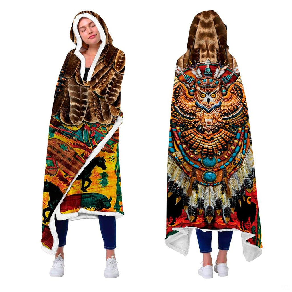 Beaded owl totem throw blanket view 2 highlighting beaded owl eyes, turquoise gems, and Southwestern patterns