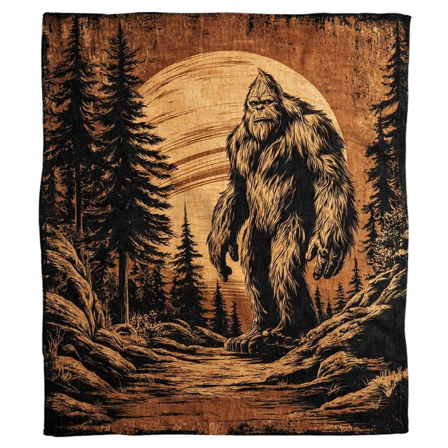 Vintage sepia woodcut etching of Bigfoot standing in pine woods under an amber moon, view 2.