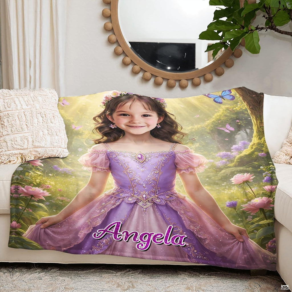 Lifestyle interior display of fairytale forest princess photo blanket in a room.