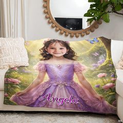 Lifestyle interior display of fairytale forest princess photo blanket in a room.