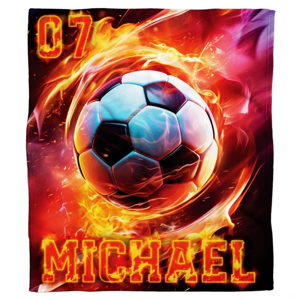 Flat perspective showing the swirling soccer inferno graphic with glowing collegiate lettering.