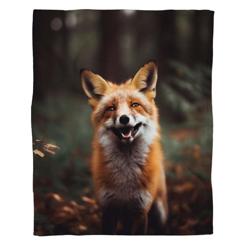 Woman holding open red fox throw blanket showing realistic animal portrait and woodland scenery