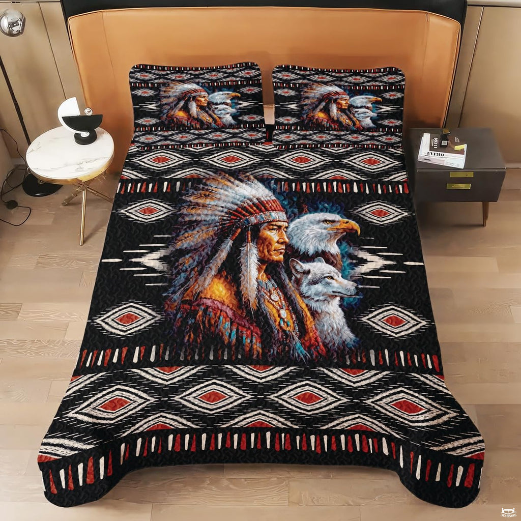 Full bedroom display of tribal chief bedding styled with rustic timber and western decor accents