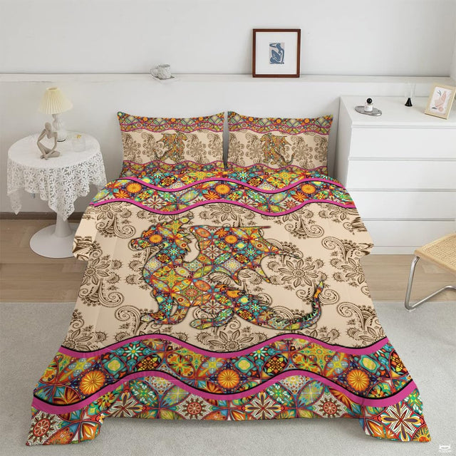 Overhead bedroom view of bohemian bedding featuring colorful mosaic tile dragon on paisley damask cream ground.