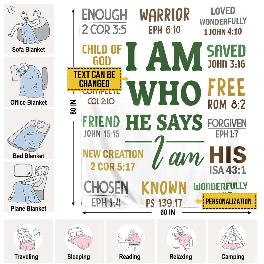 I Am Who He Says I Am Christian Scripture Blanket – Inspirational Bible Verse Faith Gift