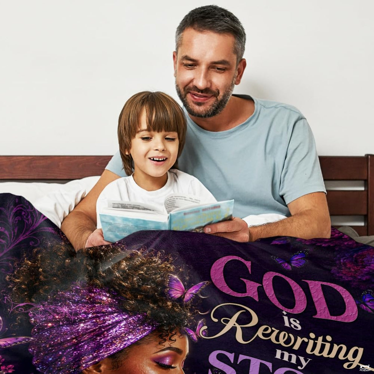 Lifestyle scene showcasing the decorative devotional throw blanket.