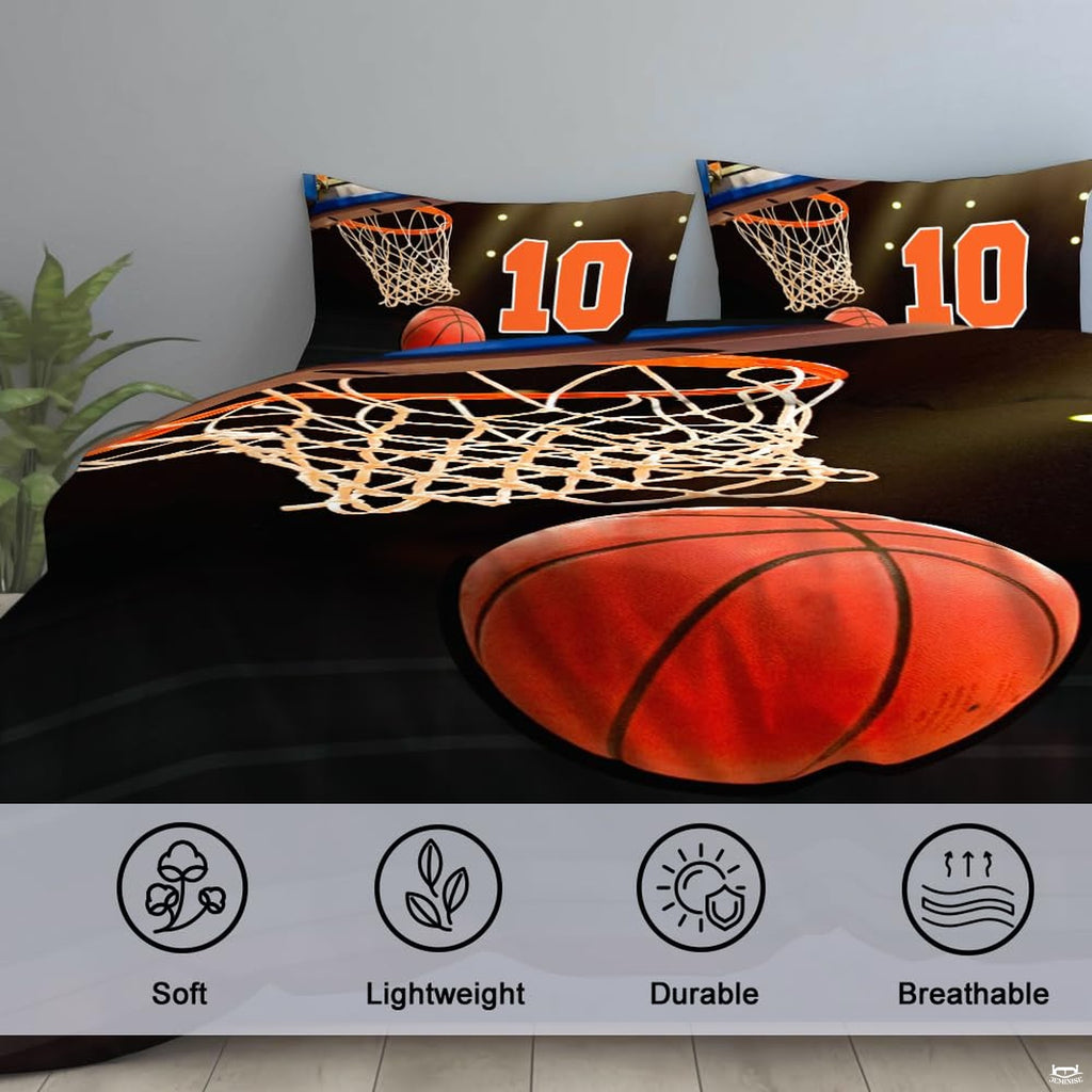 Corner fold view of basketball bedding highlighting vibrant orange printing against dark arena background