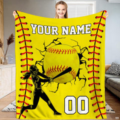 Front view of softball batter throw blanket displaying optic yellow field and red seam borders.
