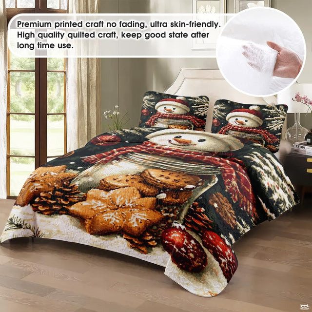Close-up view of holiday bedding showcasing snowman illustration, pine wreath, and red berries
