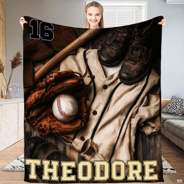 Vintage baseball throw blanket view 2 highlighting retro uniform details, wooden bat, and rustic floorboards