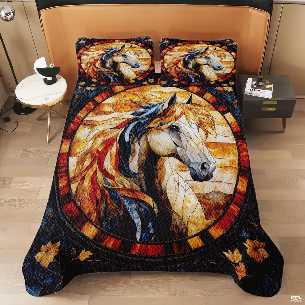 Horse Patchwork Pattern Quilt Set, Vintage Animal Quilt Printed Patchwork Style, Horse Printed Bedset Full Queen Size Quilts Bedspread, Best Gift for Bedroom Decor