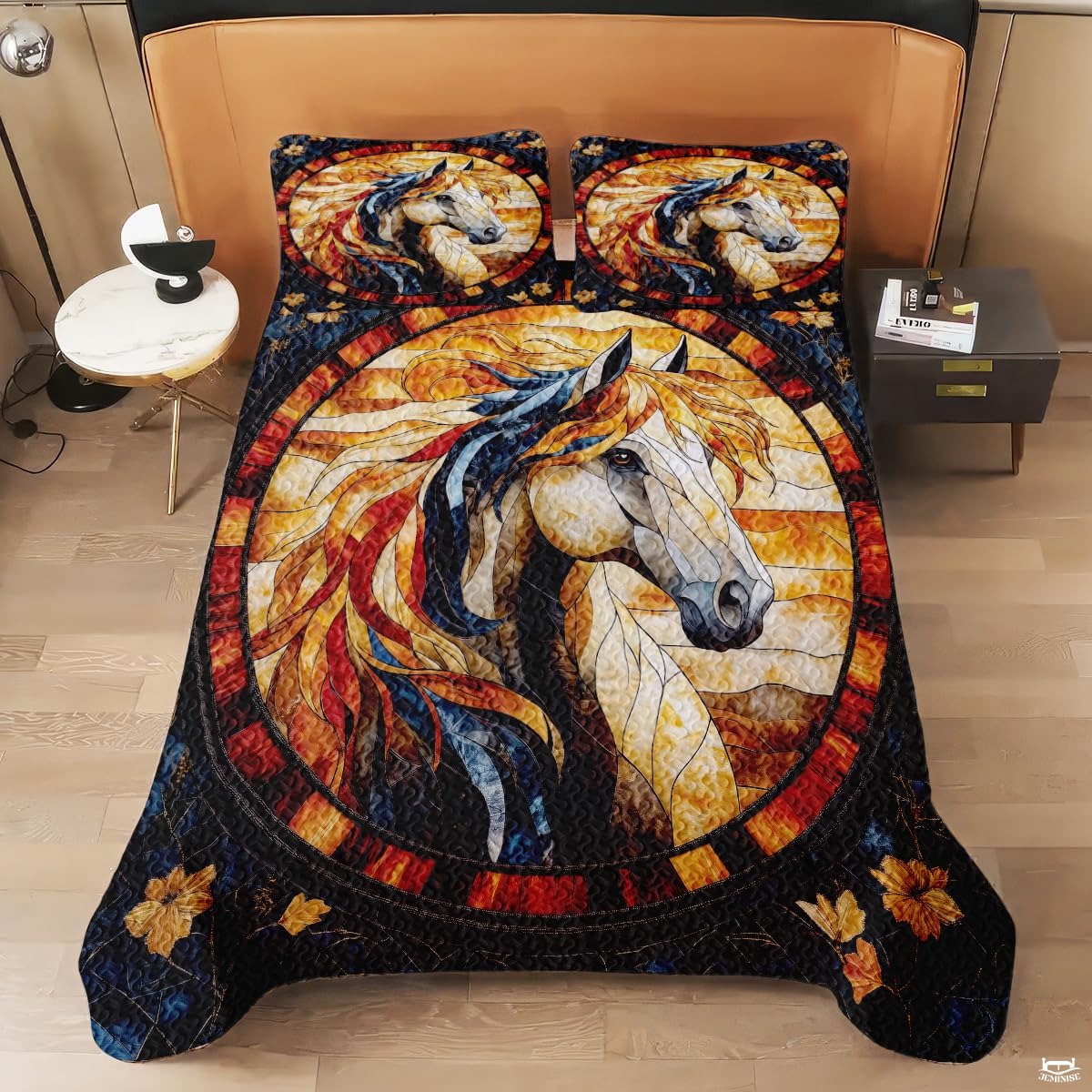 Horse Patchwork Pattern Quilt Set, Vintage Animal Quilt Printed Patchwork Style, Horse Printed Bedset Full Queen Size Quilts Bedspread, Best Gift for Bedroom Decor