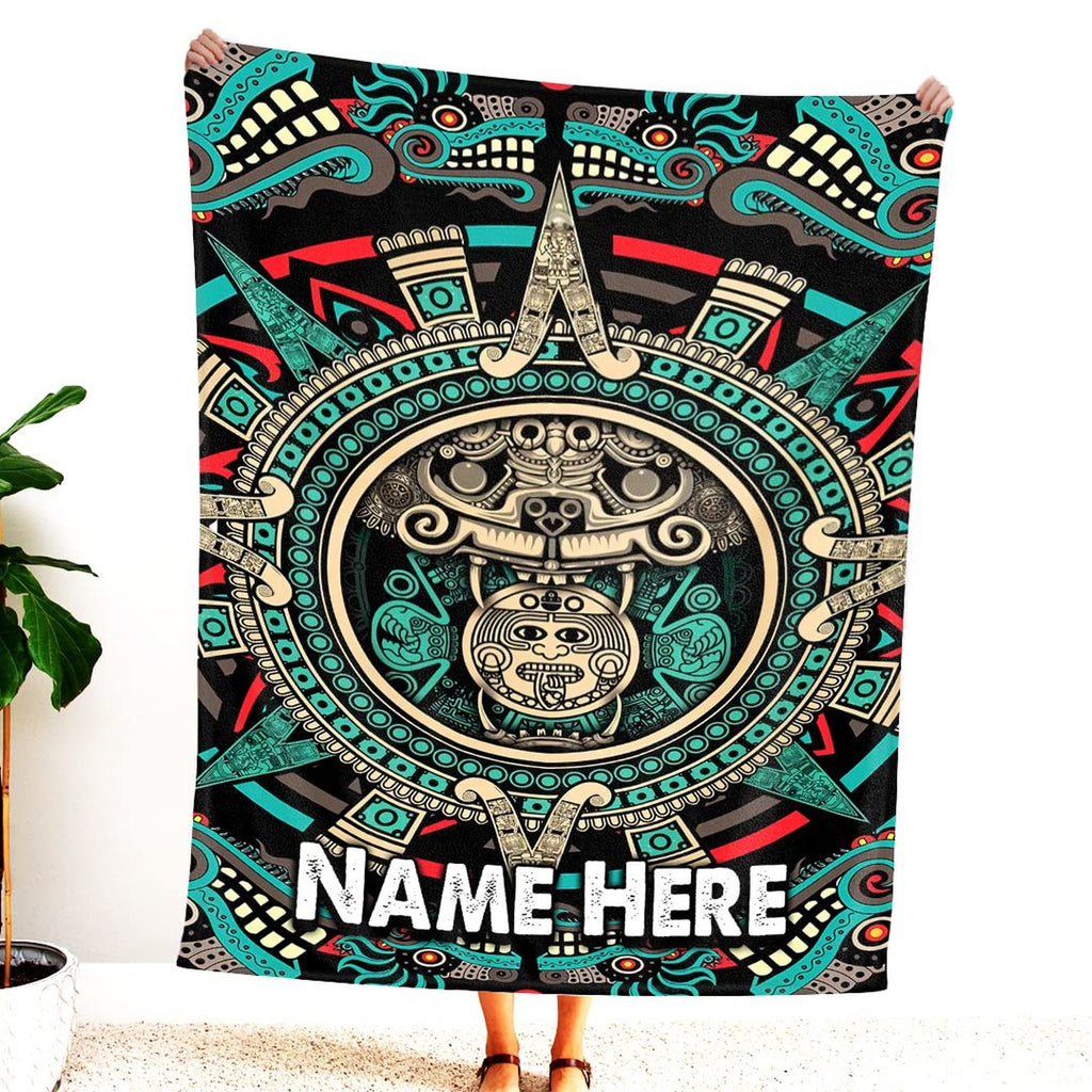 Western aztec bedding set featuring a circular sun calendar stone and feathered serpents on black background.